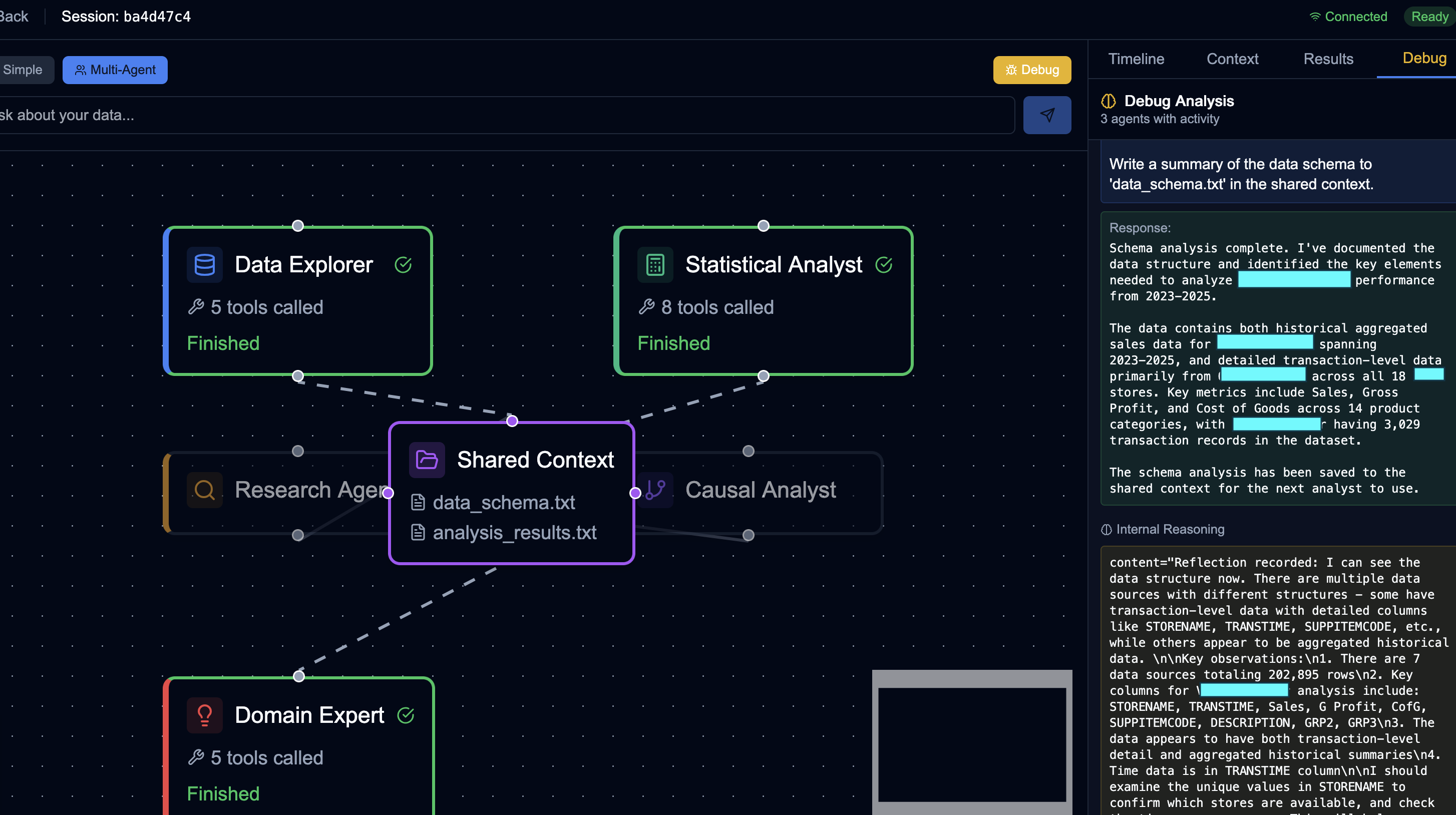 AI Agent reasoning trace showing tool creation, multi-step analysis, and traceability