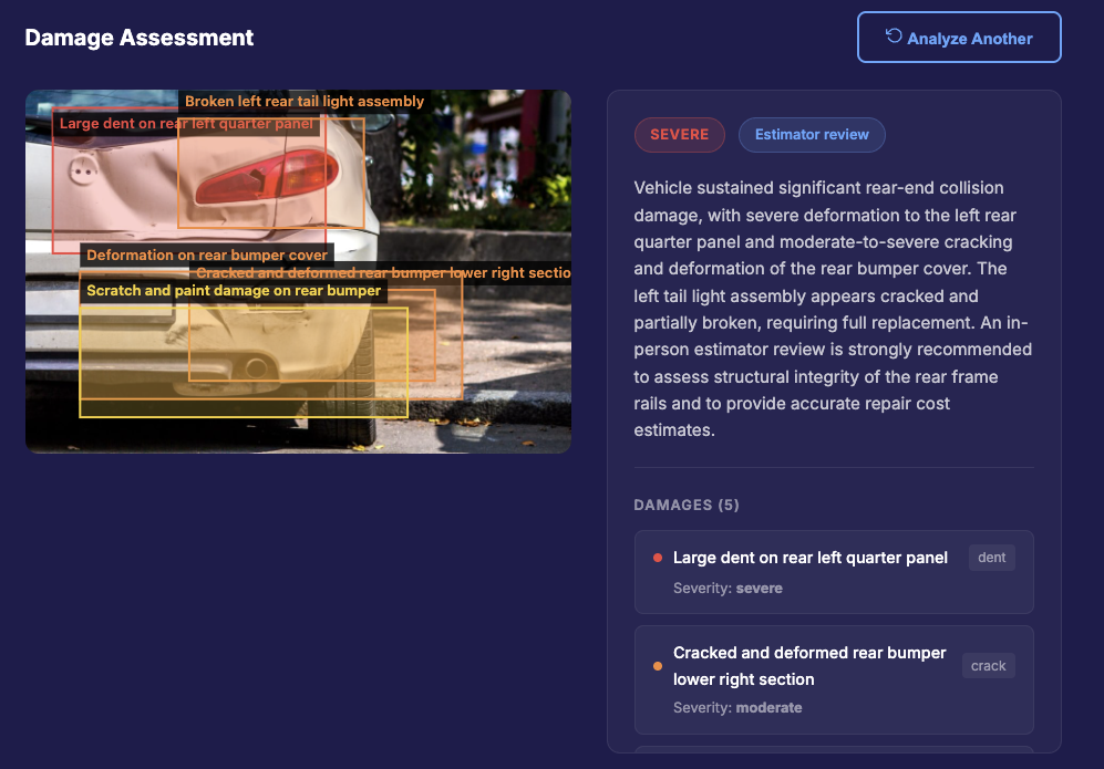 Vehicle damage analysis preview showing bounding boxes and severity classification
